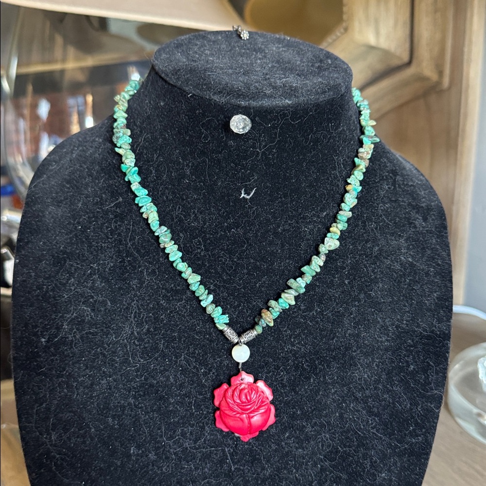 Turquoise Beaded Necklace with Red Rose Pendant